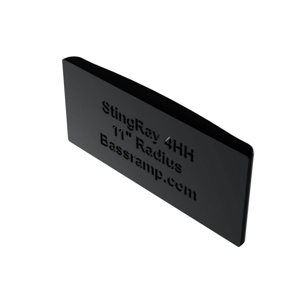 Black 3D-printed bass finger ramp for Music Man StingRay 4HH bass, custom bass ramp accessory shown on white background in rear ISO view