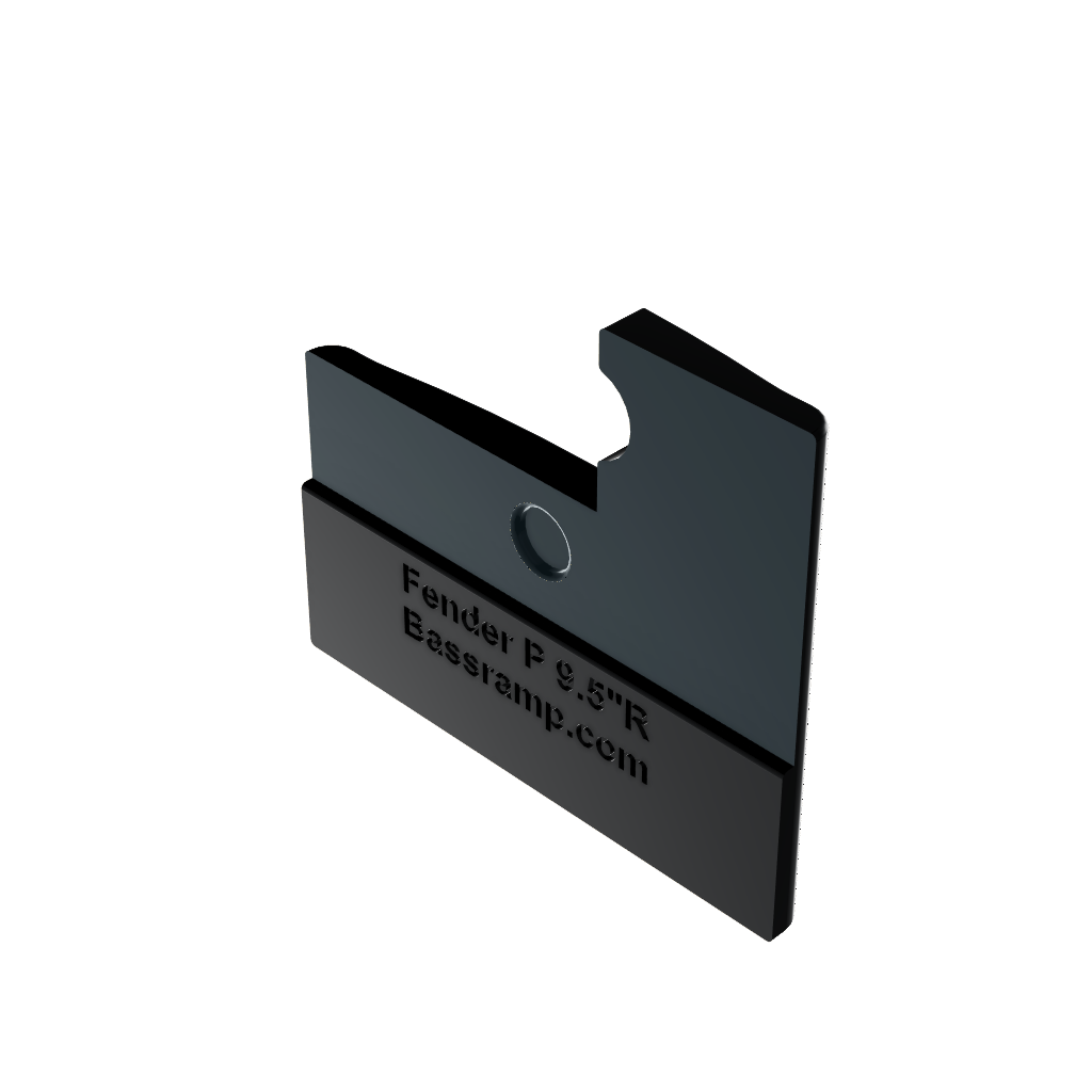 Custom black bass finger ramp for Fender P Bass, 3D printed accessory, shown rear isometric view on white background.