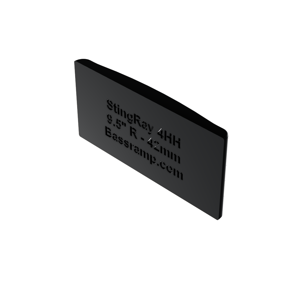 Black 3D-printed bass finger ramp for Music Man StingRay 4HH bass, custom bass ramp accessory shown on white background in rear ISO view